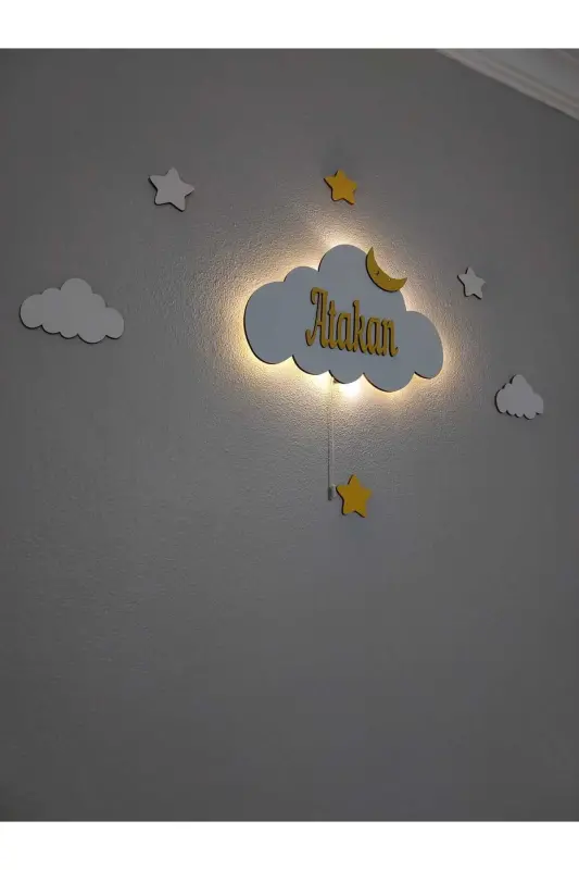 Baby Shower Wooden Name Cloud Night Light LED Lighting Newborn Gift-Yellow Roped - 3