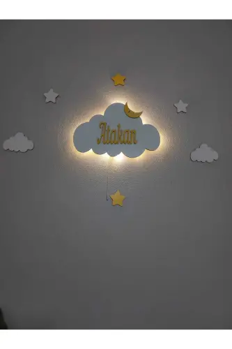Baby Shower Wooden Name Cloud Night Light LED Lighting Newborn Gift-Yellow Roped - 5