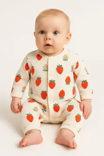 Baby Strawberry Print Snap-Front Newborn Romper 100% Cotton Flexible 1-3-6 Months-Strawberry - 3