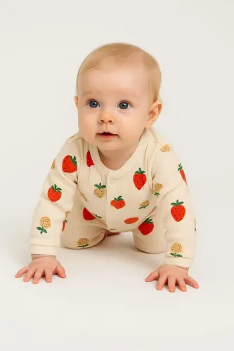 Baby Strawberry Print Snap-Front Newborn Romper 100% Cotton Flexible 1-3-6 Months-Strawberry - DINAMIK ÇOCUK (1)
