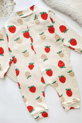 Baby Strawberry Print Snap-Front Newborn Romper 100% Cotton Flexible 1-3-6 Months-Strawberry - 5