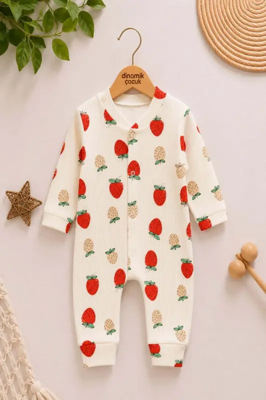 Baby Strawberry Print Snap-Front Newborn Romper 100% Cotton Flexible 1-3-6 Months-Strawberry - 1