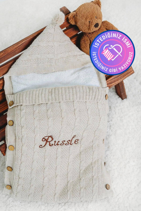 Baby Swaddle with Embroidered Name in Beige Knitted with Plush Interior Knitted Newborn Swaddle - 7