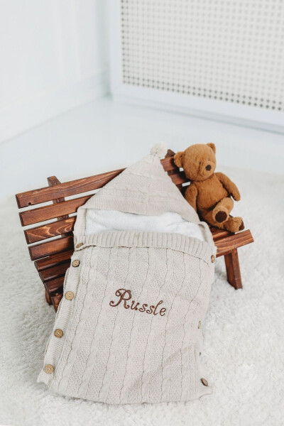 Baby Swaddle with Embroidered Name in Beige Knitted with Plush Interior Knitted Newborn Swaddle - 9