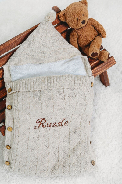 Baby Swaddle with Embroidered Name in Beige Knitted with Plush Interior Knitted Newborn Swaddle - 12