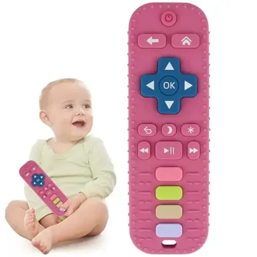 Baby Teether Toy for Babies 3-24 Months TV Remote Control Shape Chew Toy Teething Relief Baby Toys for Infants (Rose red) - 1