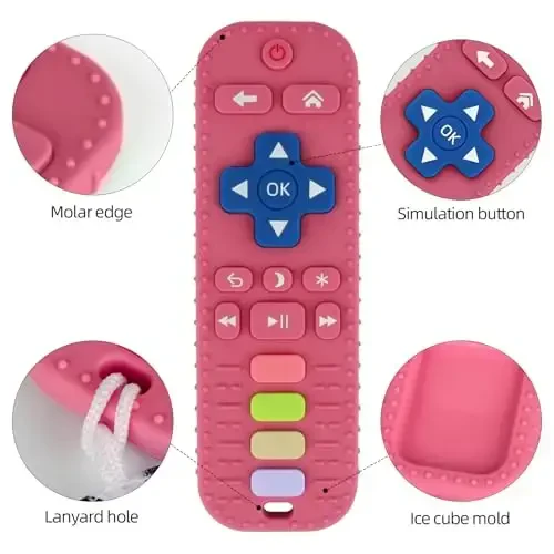 Baby Teether Toy for Babies 3-24 Months TV Remote Control Shape Chew Toy Teething Relief Baby Toys for Infants (Rose red) - 2