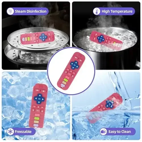 Baby Teether Toy for Babies 3-24 Months TV Remote Control Shape Chew Toy Teething Relief Baby Toys for Infants (Rose red) - 4