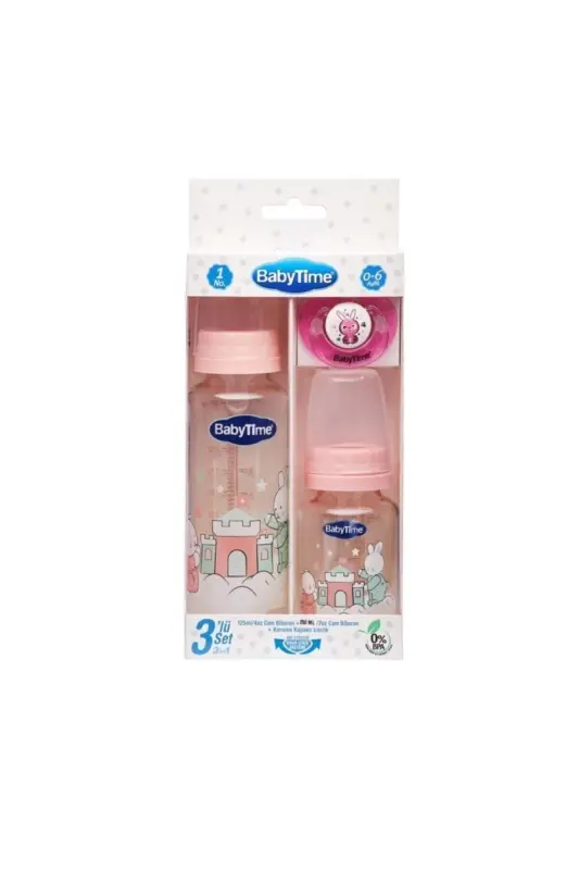 Baby Time Bt207 3-Piece Glass Baby Bottle Set 0-6 Months - Pink - BABYTIME