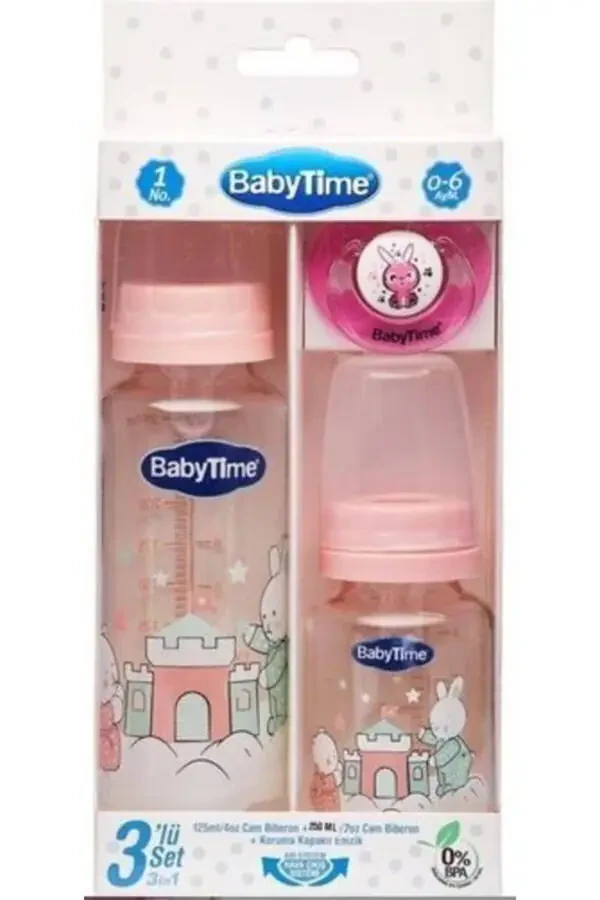 Baby Time Bt207 3-Piece Glass Baby Bottle Set 0-6 Months - Pink - 1
