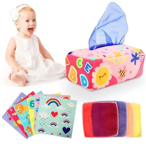 Baby Tissue Box - Montessori Toys for 6-12 Months, 1 Year Old - Soft Stuffed High Contrast Crinkle Infant Sensory Toy, Boys&Girls Toddler Early Learning Baby Gifts - 1