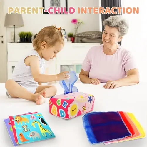 Baby Tissue Box - Montessori Toys for 6-12 Months, 1 Year Old - Soft Stuffed High Contrast Crinkle Infant Sensory Toy, Boys&Girls Toddler Early Learning Baby Gifts - 3