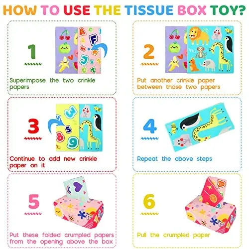 Baby Tissue Box - Montessori Toys for 6-12 Months, 1 Year Old - Soft Stuffed High Contrast Crinkle Infant Sensory Toy, Boys&Girls Toddler Early Learning Baby Gifts - 5