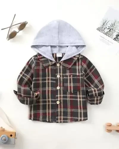 Baby Toddler Boys Long Sleeve Shirt Flannel Buffalo Plaid Shirts Button Down Jacket Top Outfit Fall Winter Clothes - 3