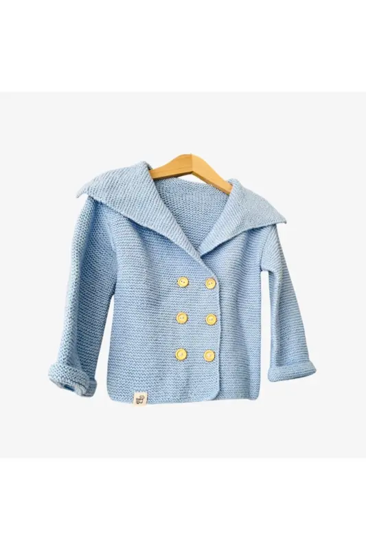 BABY TODDLER GIRL BOY ECRU 100% COTTON HAND KNIT TRICOT SHAWL COLLAR CARDIGAN JACKET - BLUE - 1