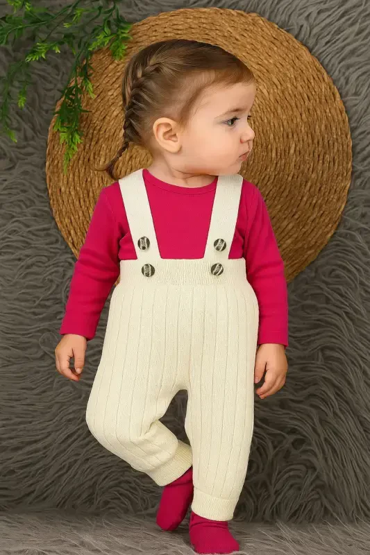 Baby Toddler Knit Suspender Overall with Buttons Ecru - 1