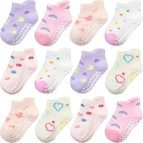Baby Toddler Socks Grip Non Slip Boys Girls Kids Cotton 12 Pack Ankle Socks | Premium Cotton Soft Breathable,Anti-Slip Grips,6 Month-7T Grippy Toddler Socks,Elastic Cuffs,Unisex Daily All Season Wear - 1