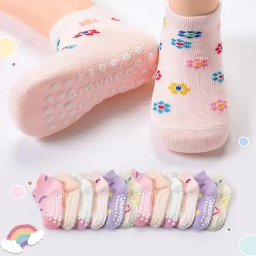 Baby Toddler Socks Grip Non Slip Boys Girls Kids Cotton 12 Pack Ankle Socks | Premium Cotton Soft Breathable,Anti-Slip Grips,6 Month-7T Grippy Toddler Socks,Elastic Cuffs,Unisex Daily All Season Wear - Baby (1)