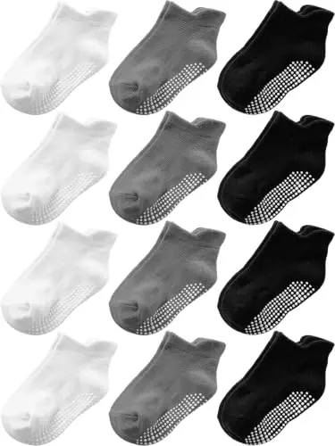 Baby Toddler Socks Grip Non Slip Boys Girls Kids Cotton 12 Pack Ankle Socks | Premium Cotton Soft Breathable,Anti-Slip Grips,6 Month-7T Grippy Toddler Socks,Elastic Cuffs,Unisex Daily All Season Wear - 1