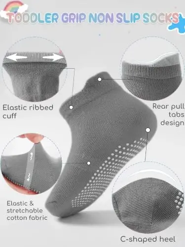Baby Toddler Socks Grip Non Slip Boys Girls Kids Cotton 12 Pack Ankle Socks | Premium Cotton Soft Breathable,Anti-Slip Grips,6 Month-7T Grippy Toddler Socks,Elastic Cuffs,Unisex Daily All Season Wear - 3