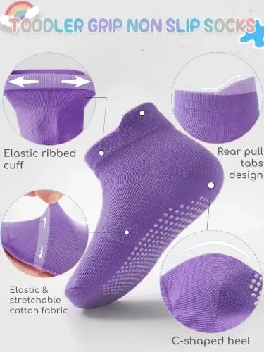 Baby Toddler Socks Grip Non Slip Boys Girls Kids Cotton 12 Pack Ankle Socks | Premium Cotton Soft Breathable,Anti-Slip Grips,6 Month-7T Grippy Toddler Socks,Elastic Cuffs,Unisex Daily All Season Wear - 3