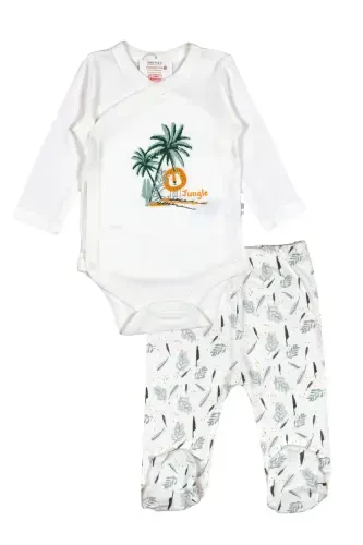 Baby Top and Bottom Set Long Sleeve Snap Bodysuit Footed Pants 2 Pcs 50% Bamboo 50% Cotton Oexo Text-WhiteGreenOrange - 1
