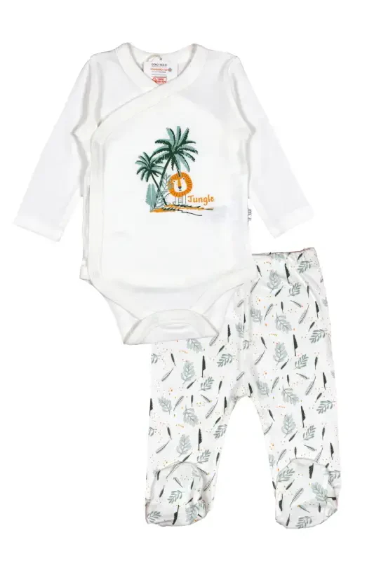 Baby Top and Bottom Set Long Sleeve Snap Bodysuit Footed Pants 2 Pcs 50% Bamboo 50% Cotton Oexo Text-WhiteGreenOrange - 1