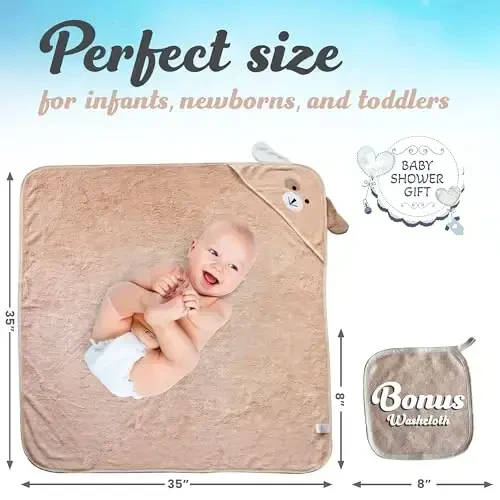 Baby Towels with Hood - Soft, Absorbent Viscose Made of Bamboo, Extra Large 35 x 35 Inches, for Newborns, Infants, Boys and Girls, White - 3