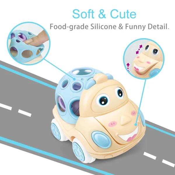 Baby Toy Cars for 1 Year Old, Toddler Soft Trucks Rattle Infant Toy 6-12 Months Boy Girl, 3 Pack Friction Powered Vehicle First Birthday for Kids - 2