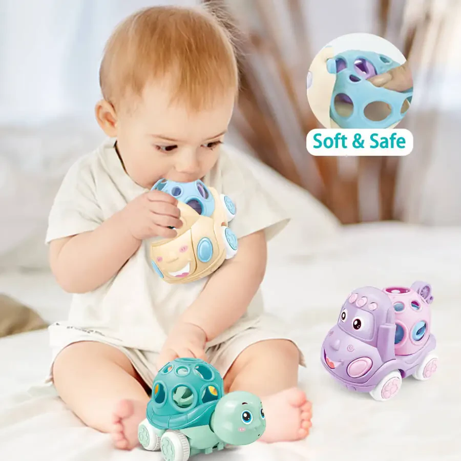 Baby Toy Cars for 1 Year Old, Toddler Soft Trucks Rattle Infant Toy 6-12 Months Boy Girl, 3 Pack Friction Powered Vehicle First Birthday for Kids - 3