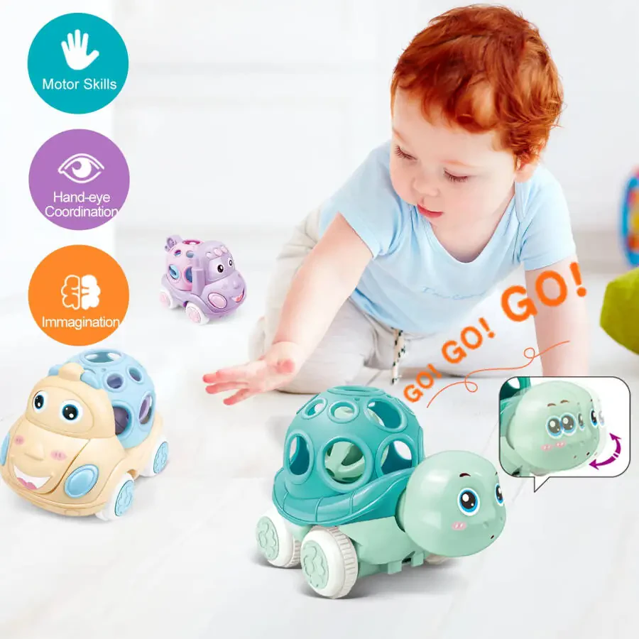 Baby Toy Cars for 1 Year Old, Toddler Soft Trucks Rattle Infant Toy 6-12 Months Boy Girl, 3 Pack Friction Powered Vehicle First Birthday for Kids - 6