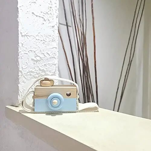 Baby Toy Wooden Mini Camera Toy, Baby Kids Cute Mini Sharpe Toy, Neck Hanging Photographed Props for Baby Toddlers Children Kids' Room Hanging Decor Gift (Blue) - 3