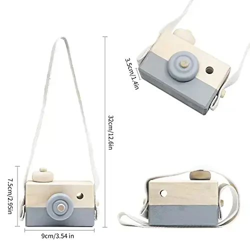 Baby Toy Wooden Mini Camera Toy, Baby Kids Cute Mini Sharpe Toy, Neck Hanging Photographed Props for Baby Toddlers Children Kids' Room Hanging Decor Gift (Gray) - 5