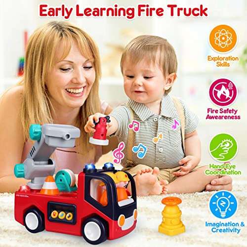 Baby Toys 12-18 Months Musical Fire Truck Toys for 1 Year Old Boys Girls Early Educational Learning Toy with Firefighting Tools/Music/Light Baby Toy Cars for 1 2 3 Year Old Boy Birthday Gifts - 2