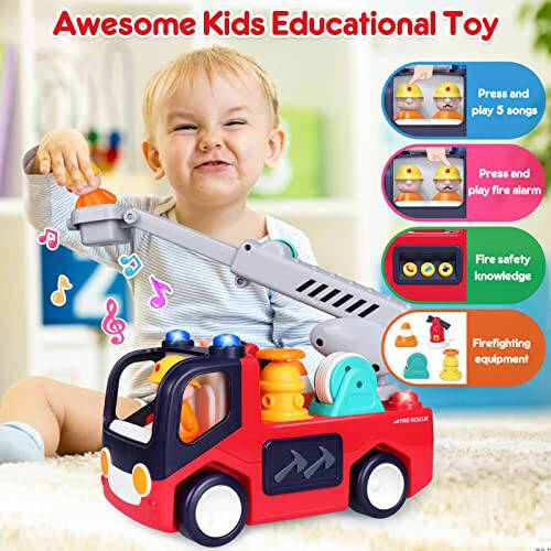 Baby Toys 12-18 Months Musical Fire Truck Toys for 1 Year Old Boys Girls Early Educational Learning Toy with Firefighting Tools/Music/Light Baby Toy Cars for 1 2 3 Year Old Boy Birthday Gifts - 5