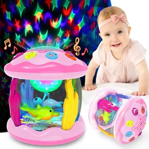 Baby Toys 6-12 Months - Musical Light Up Rotating Toys, Pink Ocean Projector for Infant 9-12-18 Month, Learning Visual & Hearing & Crawling Skill, Birthday Gifts for Toddler Boys Girls 1 2 3 Years Old 