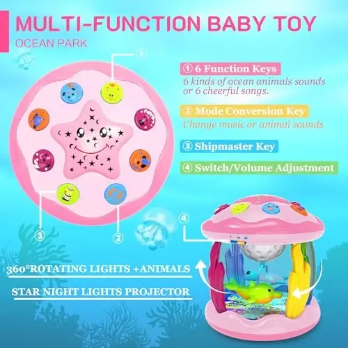 Baby Toys 6-12 Months - Musical Light Up Rotating Toys, Pink Ocean Projector for Infant 9-12-18 Month, Learning Visual & Hearing & Crawling Skill, Birthday Gifts for Toddler Boys Girls 1 2 3 Years Old - 2