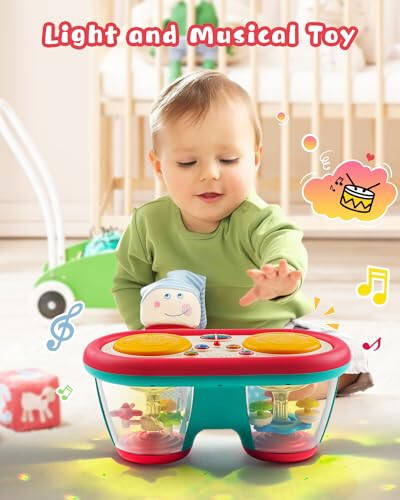 Baby Toys for 6 to 12 Months, Drum Musical Instruments Rotating Light Up Toys for 12-18 Months Kids, Tummy Time Toys for Baby 0-3-6-9 Months, Walker for Baby Boy Girl Toys 1 Year Old (Blue) - 3