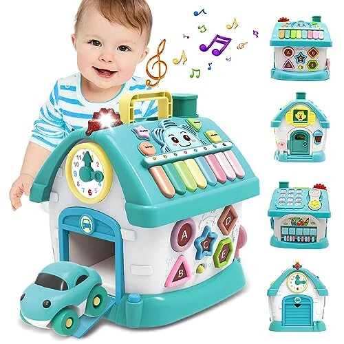 Baby Toys,Functional House for Baby 6 to 12-18 Months - Montessori Toys for 1 2 3 Year Old,Toys with Sound/Lights/Music/Clock/Telephone/Car,Smart Learning Home (Blue) 