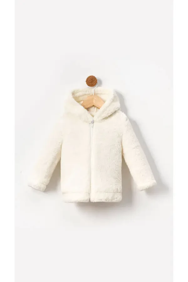 Baby winter hooded plush Welsoft jacket with zipper. White color. - 1
