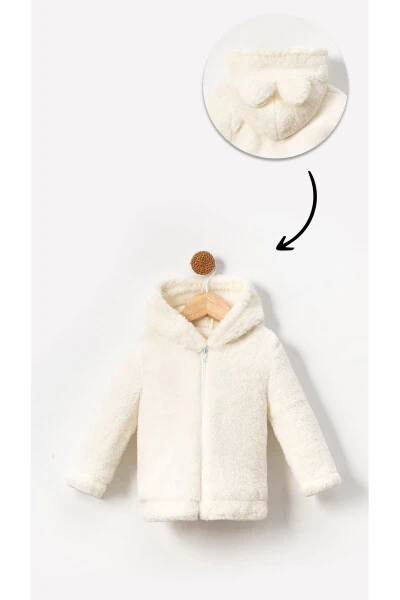 Baby winter hooded plush Welsoft jacket with zipper. White color. - 2