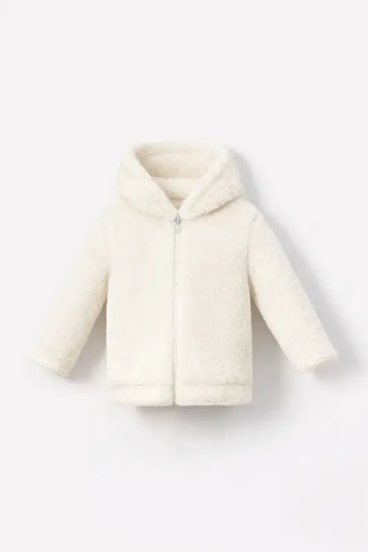 Baby winter hooded plush Welsoft jacket with zipper. White color. - 1