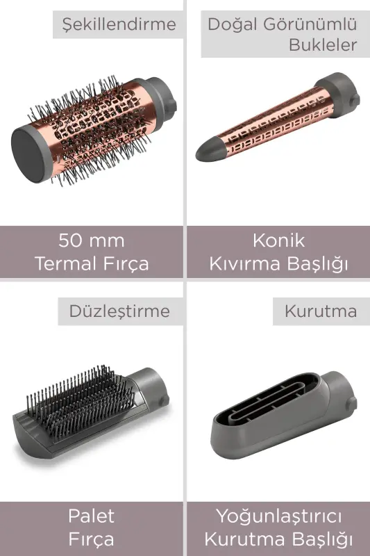 Air Styler 1000W 200 Derece İyon Etkili 4 Başlıklı Hava Üflemeli Saç Şekillendirici Seti Gri AS136E - 6