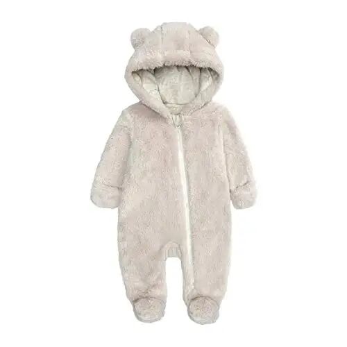 Babymine Newborn Baby Bear Fleece Hooded Romper Fall Warm Outfit Clothes | Baby Boys & Girls Winter Snowsuit Cute Fleece Lined Onesie With Mittens and Footies for Infant,0-18 months - Babymine