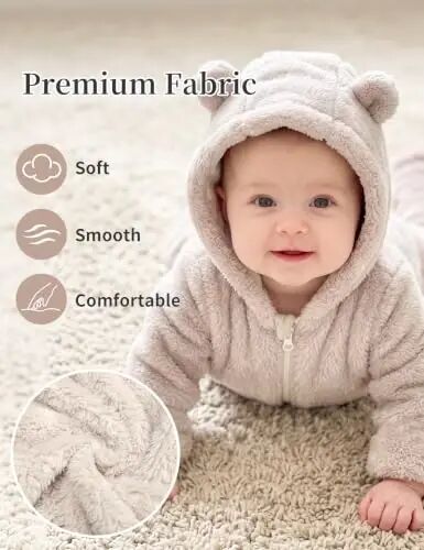 Babymine Newborn Baby Bear Fleece Hooded Romper Fall Warm Outfit Clothes | Baby Boys & Girls Winter Snowsuit Cute Fleece Lined Onesie With Mittens and Footies for Infant,0-18 months - 3