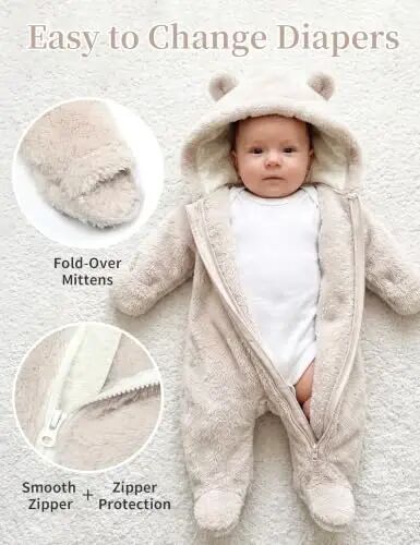 Babymine Newborn Baby Bear Fleece Hooded Romper Fall Warm Outfit Clothes | Baby Boys & Girls Winter Snowsuit Cute Fleece Lined Onesie With Mittens and Footies for Infant,0-18 months - 4