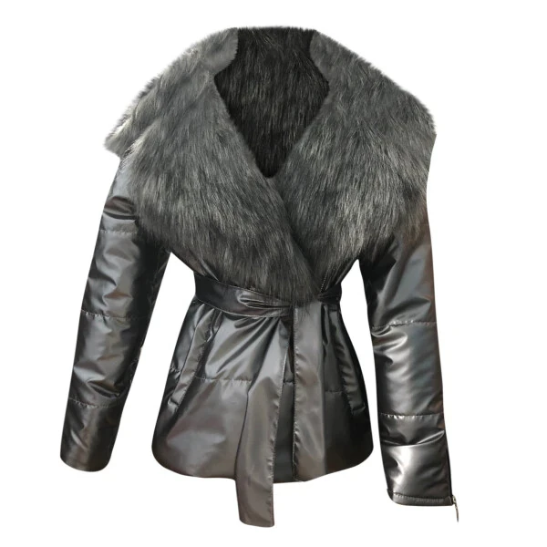 Babysbule Ayollar uchun qishki kurtkalar chegirmasi: Yaltiroq katta yoqali qisqa uzun yengli paxtali qalin kurtka - 5