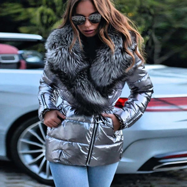 Babysbule Winter Jackets for Women Ladies Shiny Big Collar Short Long-sleeved Cotton Down Padded Jacket- - BABYSBULE