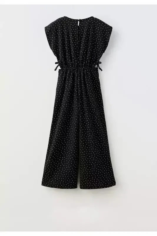 Back and Side Window Detailed Polka Dot Girls Sleeveless Jumpsuit-Black - 1