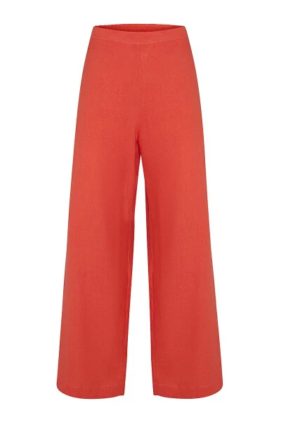 Back Elastic Waist Linen Pants-Coral - 1